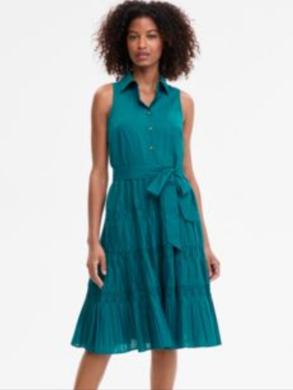 Anne Klein Teal Blue 100% Cotton Belted Collared Midi Shirt Dress Size 6P $159